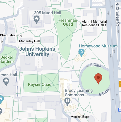 Screenshot from Google maps showing the location of "The Beach" at JHU.